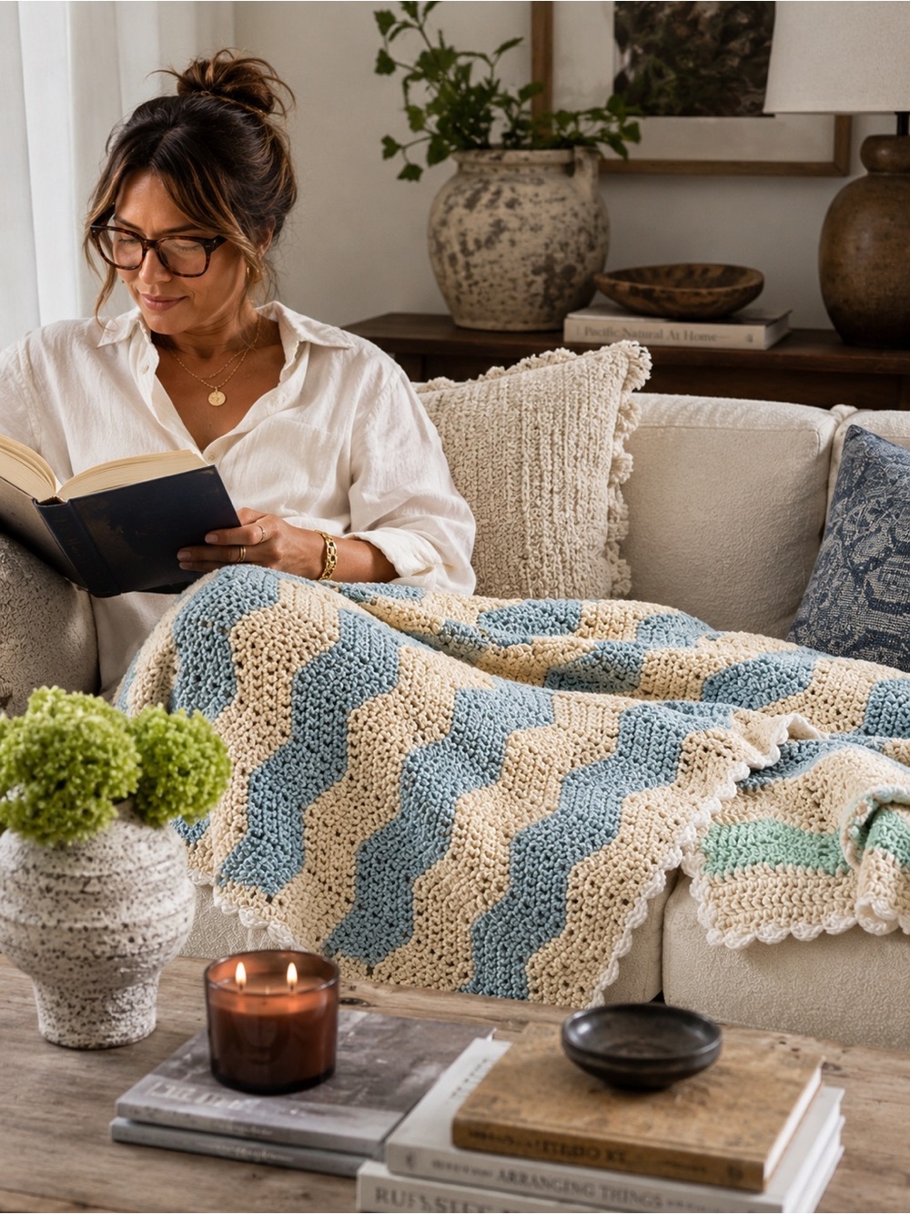 Handmade Crochet Blanket in Blue and Cream #0815259